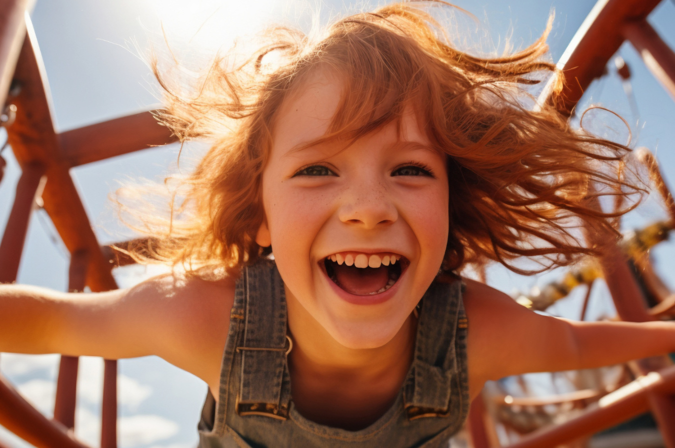 Child joyfully playing on a playground, smiling broadly, embodying the importance of children's dental health and happiness in pediatric dentistry.