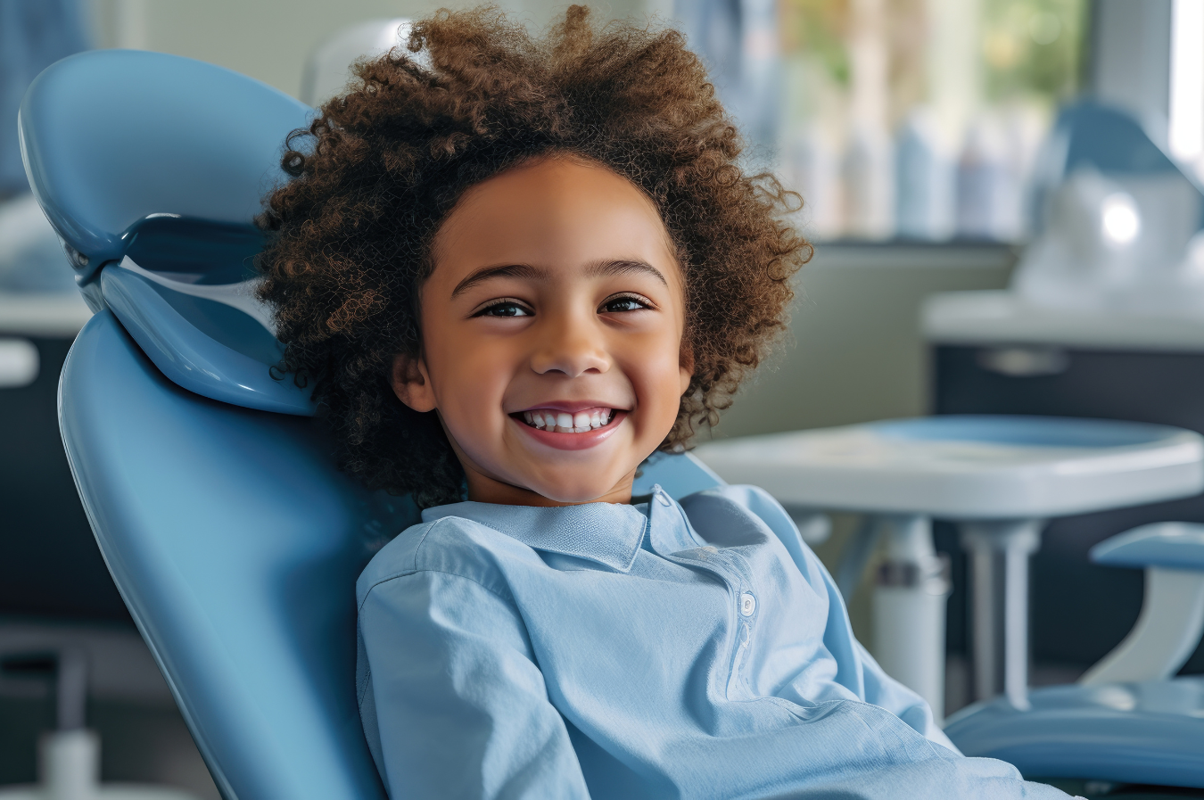 Smiling child in dental chair, representing pediatric dental care and positive dental experiences for kids.